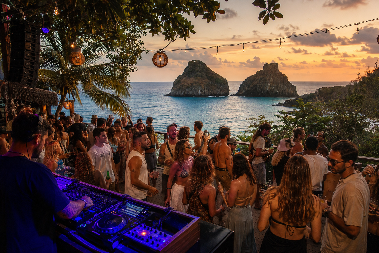 Imagem de uma rave em fernando de noronha com o morro dois irmãos ao fundo